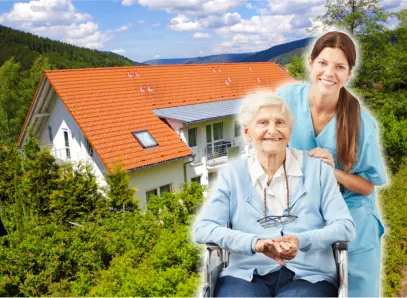 Eine glückliche Seriorin mit Pflegerin vor Haus 1